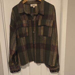 Plaid Utility Jacket with Studded Cuffs